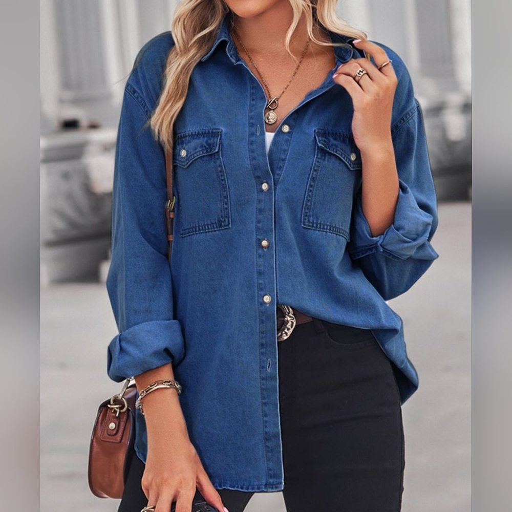 Collared Neck Dropped Shoulder Denim Top - Dark